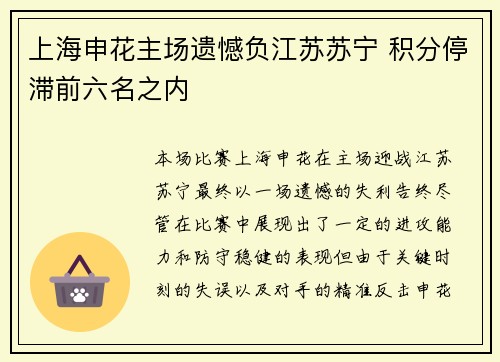 上海申花主场遗憾负江苏苏宁 积分停滞前六名之内