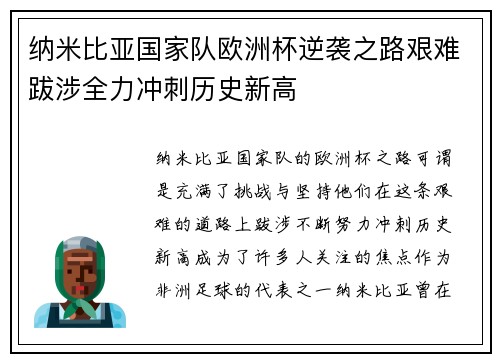 纳米比亚国家队欧洲杯逆袭之路艰难跋涉全力冲刺历史新高