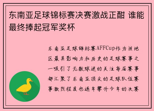 东南亚足球锦标赛决赛激战正酣 谁能最终捧起冠军奖杯