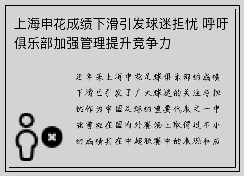 上海申花成绩下滑引发球迷担忧 呼吁俱乐部加强管理提升竞争力