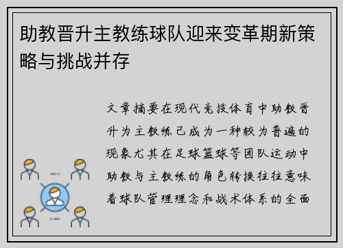 助教晋升主教练球队迎来变革期新策略与挑战并存
