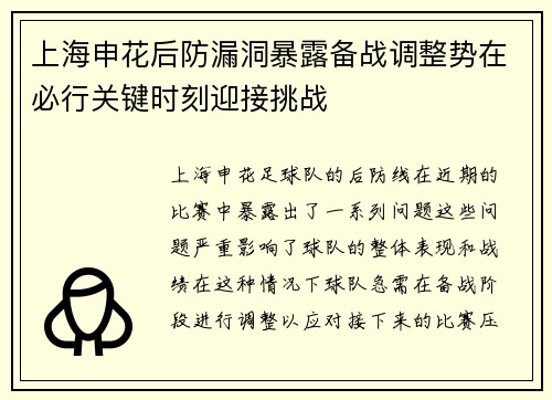 上海申花后防漏洞暴露备战调整势在必行关键时刻迎接挑战