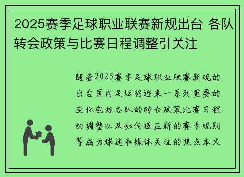 2025赛季足球职业联赛新规出台 各队转会政策与比赛日程调整引关注